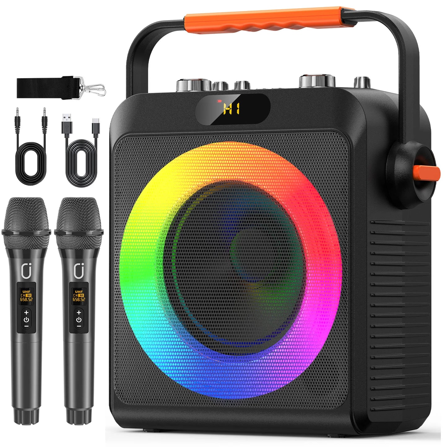 Altavoz karaoke portátil con 2 micrófonos inalámbricos y luces LED
