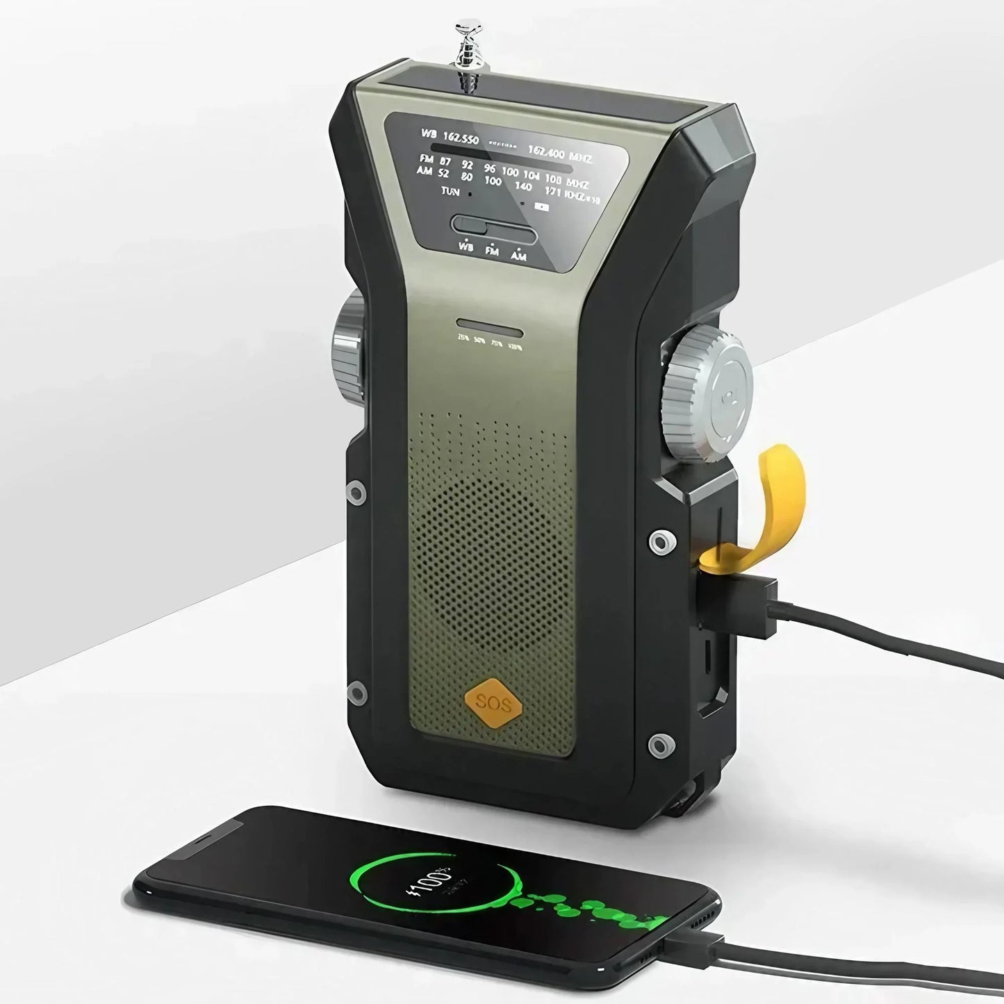 Radio de emergencia multifunción con manivela, solar y linterna LED