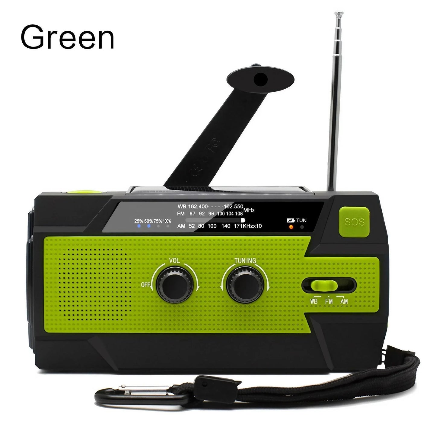 Radio de emergencia multifunción con manivela, solar y linterna LED