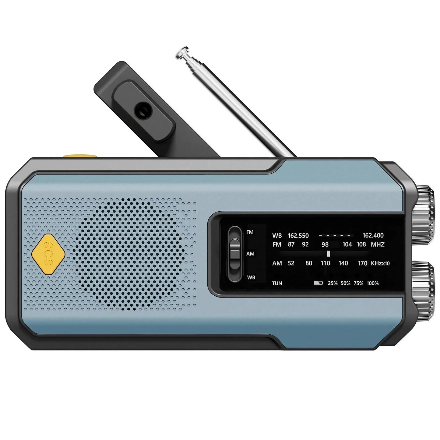 Radio de emergencia multifunción con manivela, solar y linterna LED