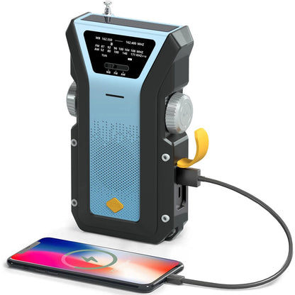 Radio de emergencia multifunción con manivela, solar y linterna LED