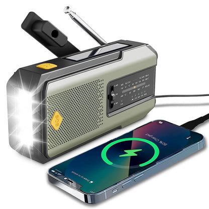 Radio de emergencia multifunción con manivela, solar y linterna LED