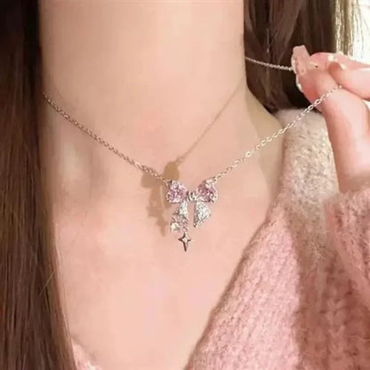 Collar Y2K con lazo rosa, corazón y cristales