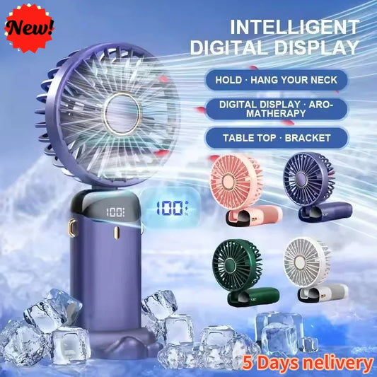 Mini ventilador portátil recargable con pantalla LED y 5 velocidades