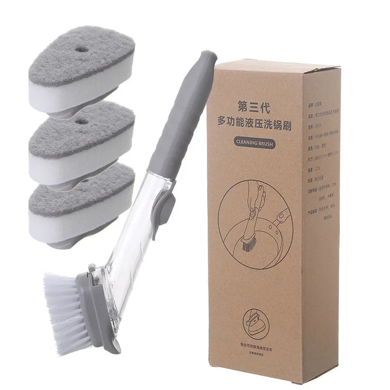 Cepillo de cocina 2 en 1 con dispensador y esponja desmontable