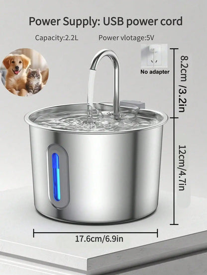 Fuente de agua para gatos de acero inoxidable – 2,2 L / 74 oz con luz LED azul