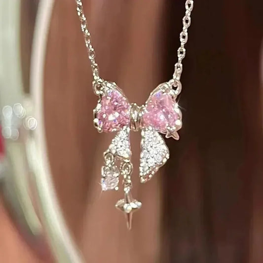 Collar Y2K con lazo rosa, corazón y cristales