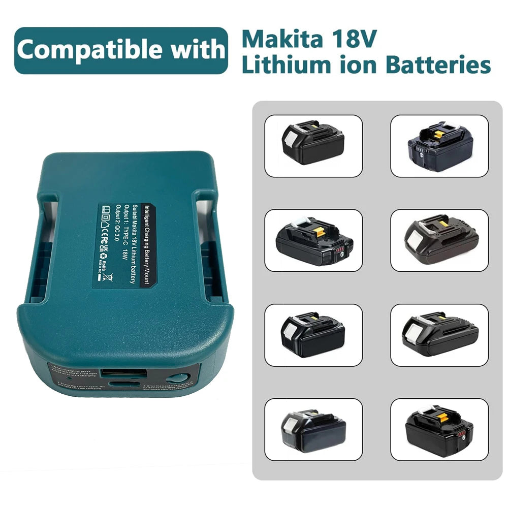 Soporte adaptador USB y USB-C para baterías Makita 18V/40V