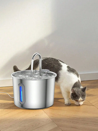 Fuente de agua para gatos de acero inoxidable – 2,2 L / 74 oz con luz LED azul