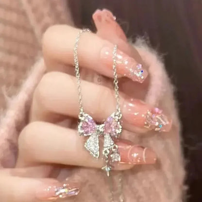 Collar Y2K con lazo rosa, corazón y cristales