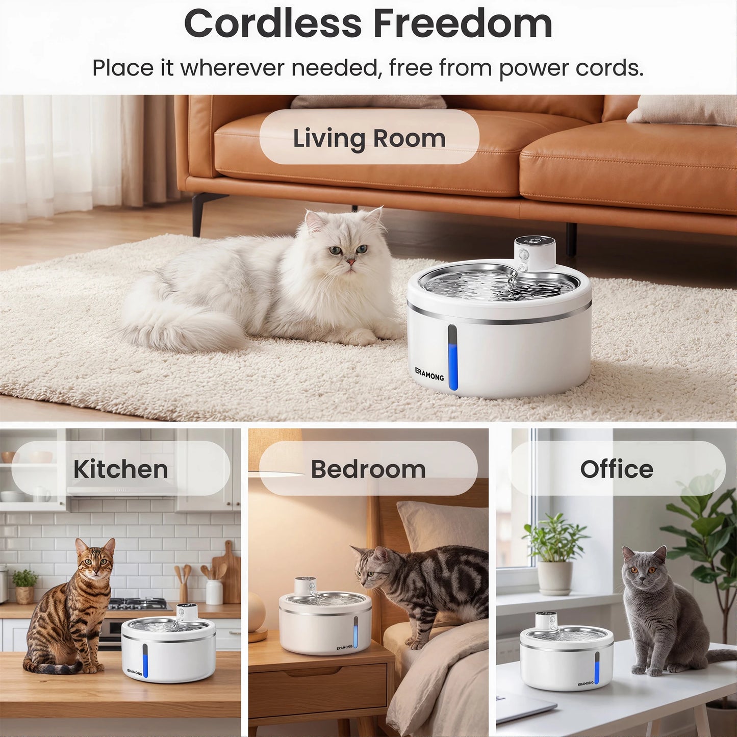 Smart Cat Water Fountain 2.5L Wireless Pet Water Purifier with Motion Sensor Automatic Filtering Large 4000mAh Battery Mute Pump