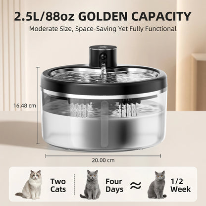 Fuente de agua inalámbrica para gatos de acero inoxidable – 2,5 L con sensor de movimiento y 2 filtros