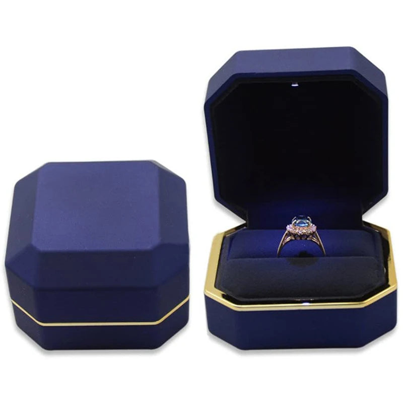 Caja de joyería con luz LED para anillos, collares y regalos