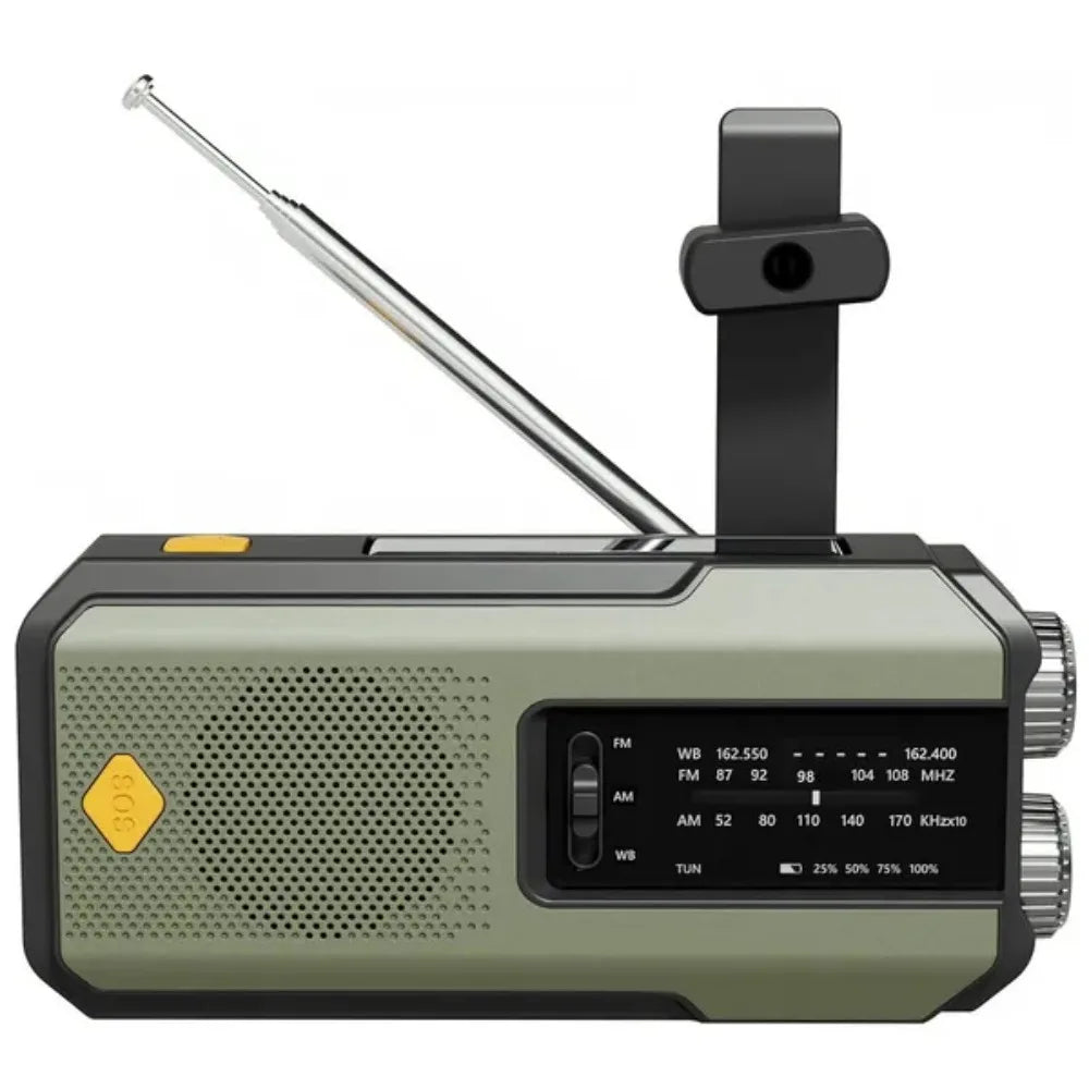 Radio de emergencia multifunción con manivela, solar y linterna LED
