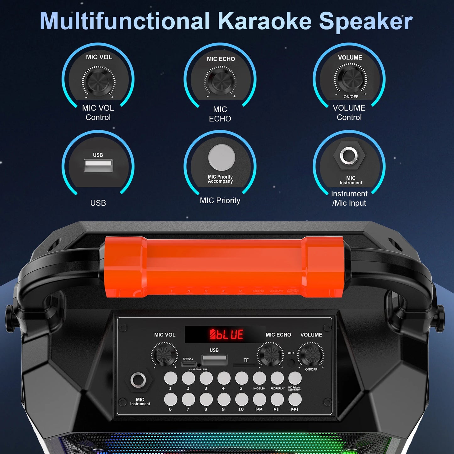 Altavoz karaoke portátil con 2 micrófonos inalámbricos y luces LED