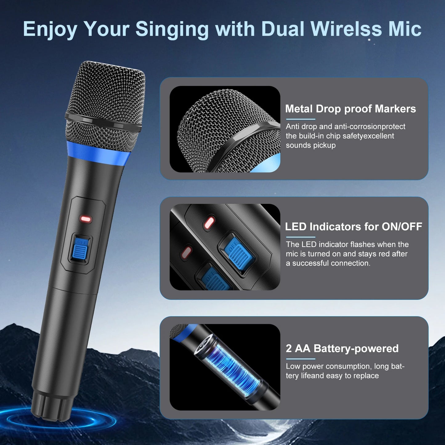 Altavoz karaoke portátil con 2 micrófonos inalámbricos y luces LED