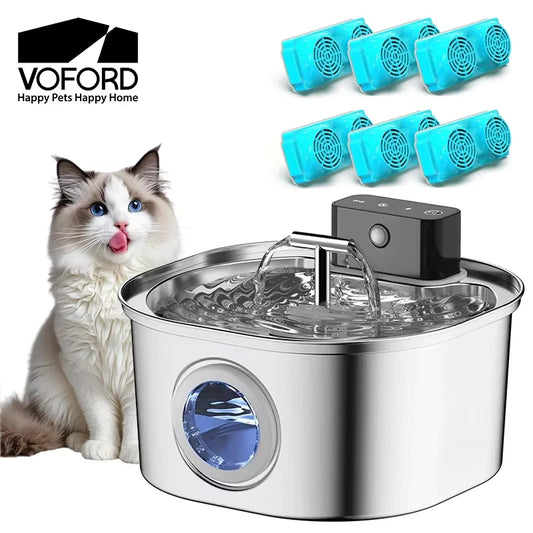 Voford 3.2L Stainless Steel Cat Water Fountain With 4000mAH Battery 3 Modes Dual Outlet Wireless Automatic Pet Drinking Fountain