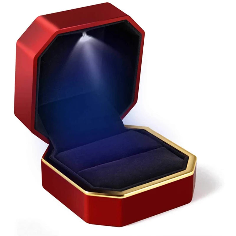 Caja de joyería con luz LED para anillos, collares y regalos