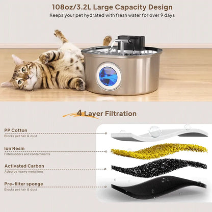 Voford 3.2L Stainless Steel Cat Water Fountain With 4000mAH Battery 3 Modes Dual Outlet Wireless Automatic Pet Drinking Fountain