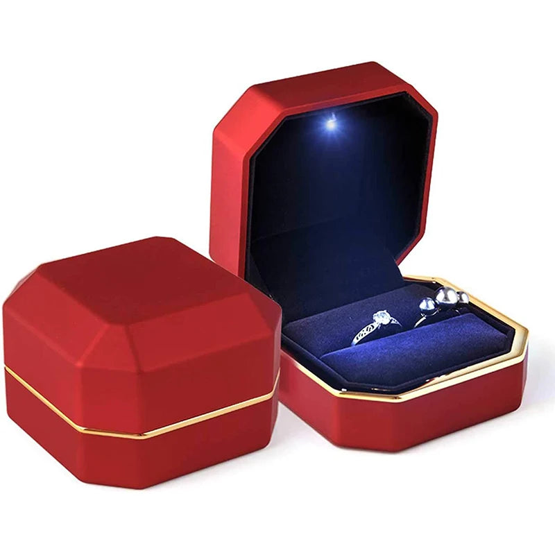 Caja de joyería con luz LED para anillos, collares y regalos