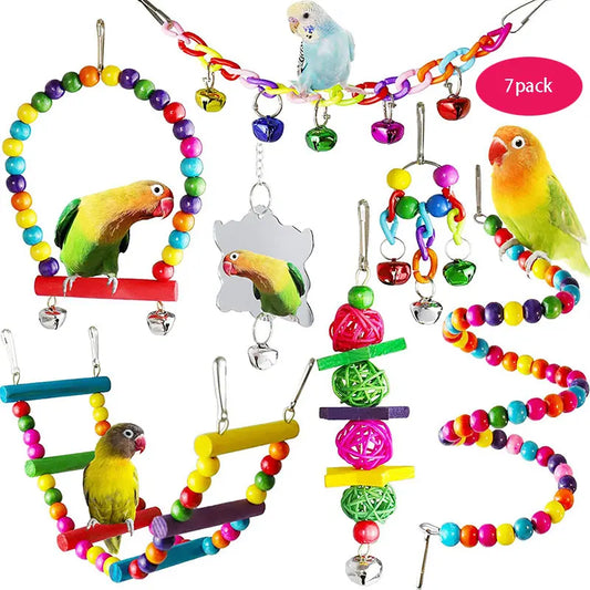 Set de 7 juguetes de madera para loros y aves