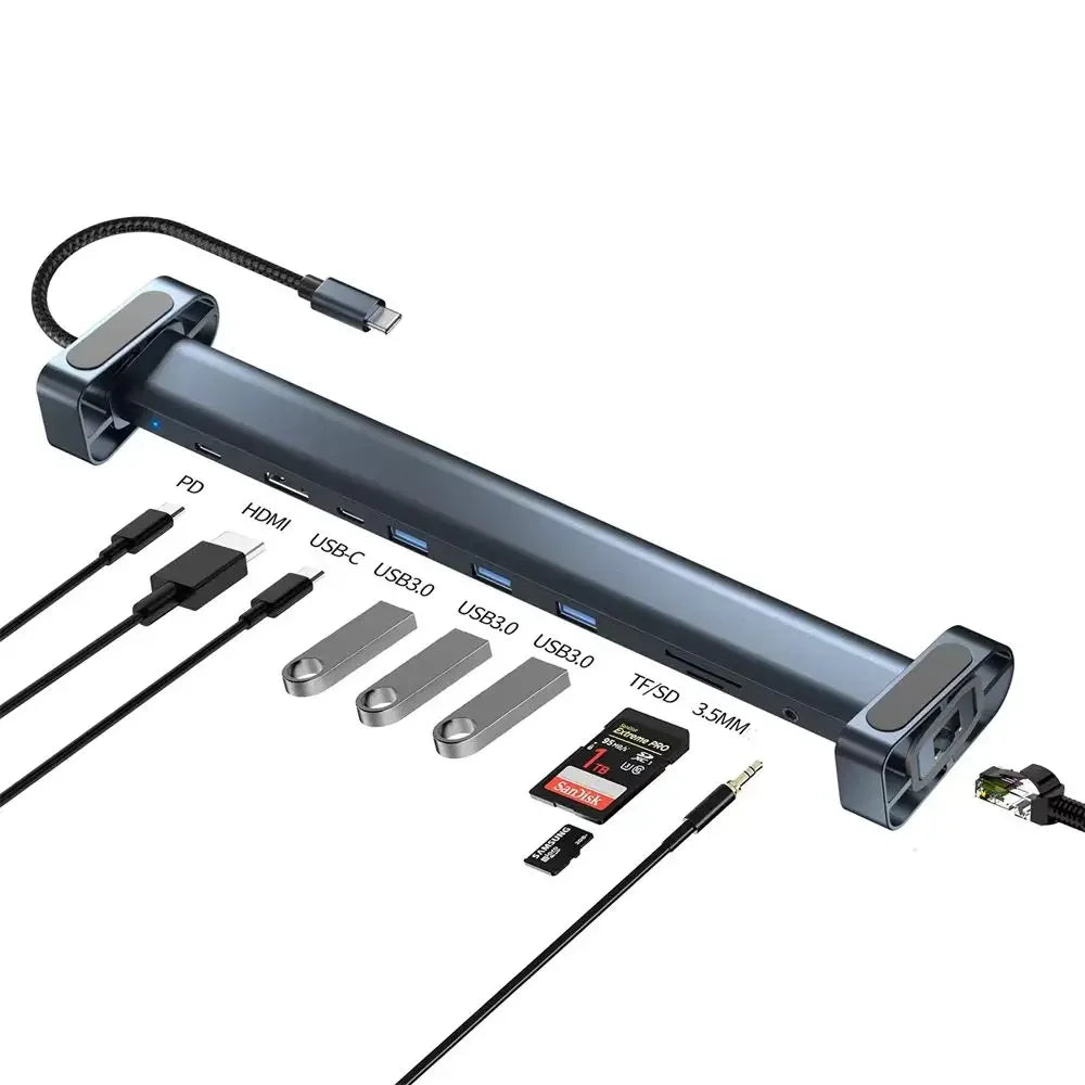 Hub USB-C 10 en 1 de aluminio con HDMI 4K y carga PD 100W