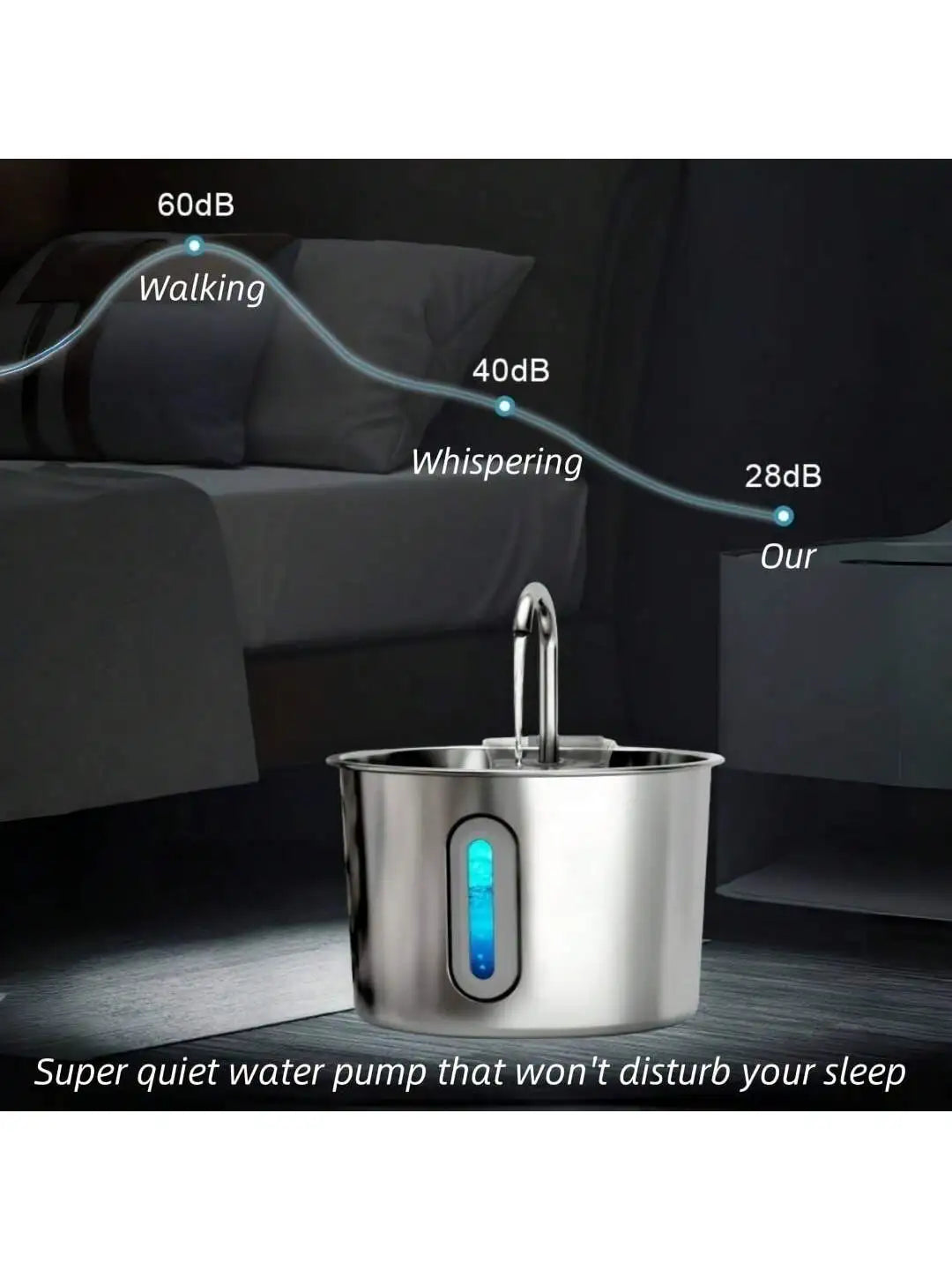 Fuente de agua para gatos de acero inoxidable – 2,2 L / 74 oz con luz LED azul