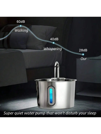 Fuente de agua para gatos de acero inoxidable – 2,2 L / 74 oz con luz LED azul