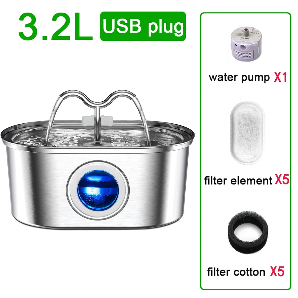 Fuente de agua para gatos de acero inoxidable – 3,2 L con bomba ultrasilenciosa