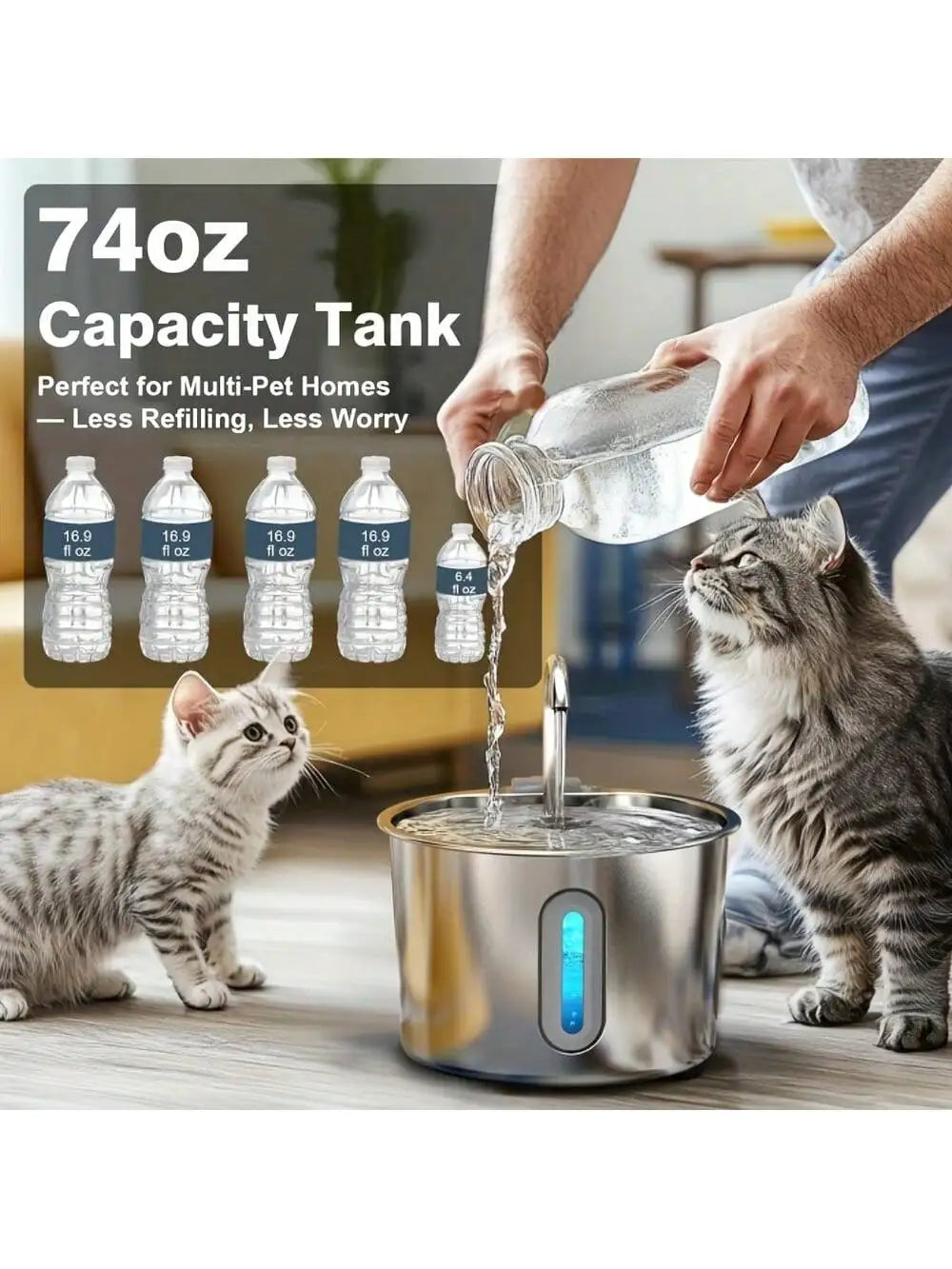 Fuente de agua para gatos de acero inoxidable – 2,2 L / 74 oz con luz LED azul