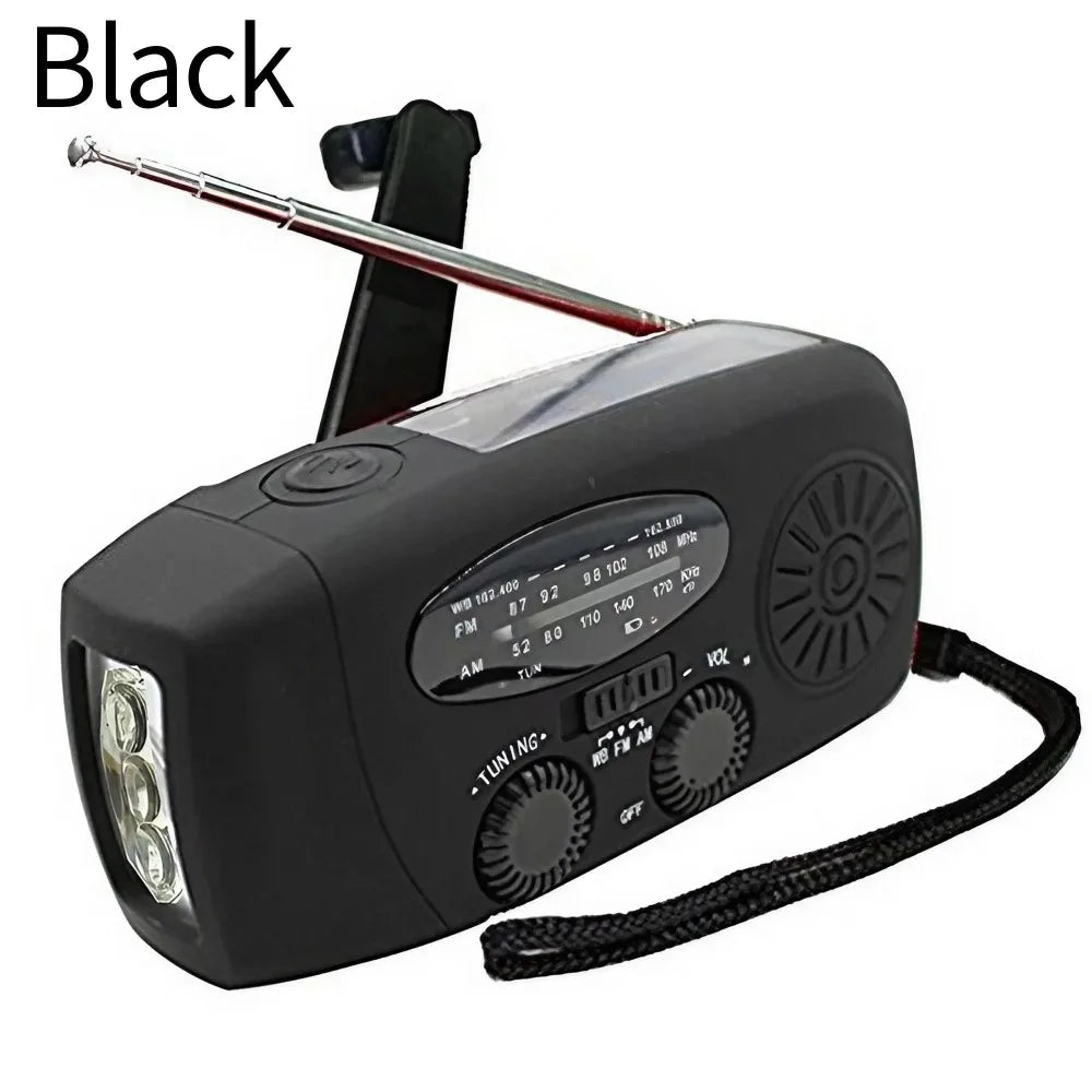 Radio de emergencia multifunción con manivela, solar y linterna LED
