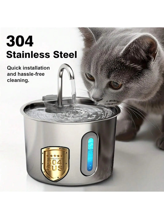 Fuente de agua para gatos de acero inoxidable – 2,2 L / 74 oz con luz LED azul