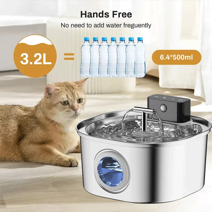 Voford 3.2L Stainless Steel Cat Water Fountain With 4000mAH Battery 3 Modes Dual Outlet Wireless Automatic Pet Drinking Fountain