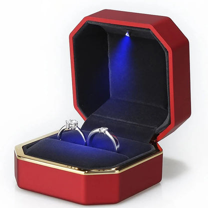 Caja de joyería con luz LED para anillos, collares y regalos