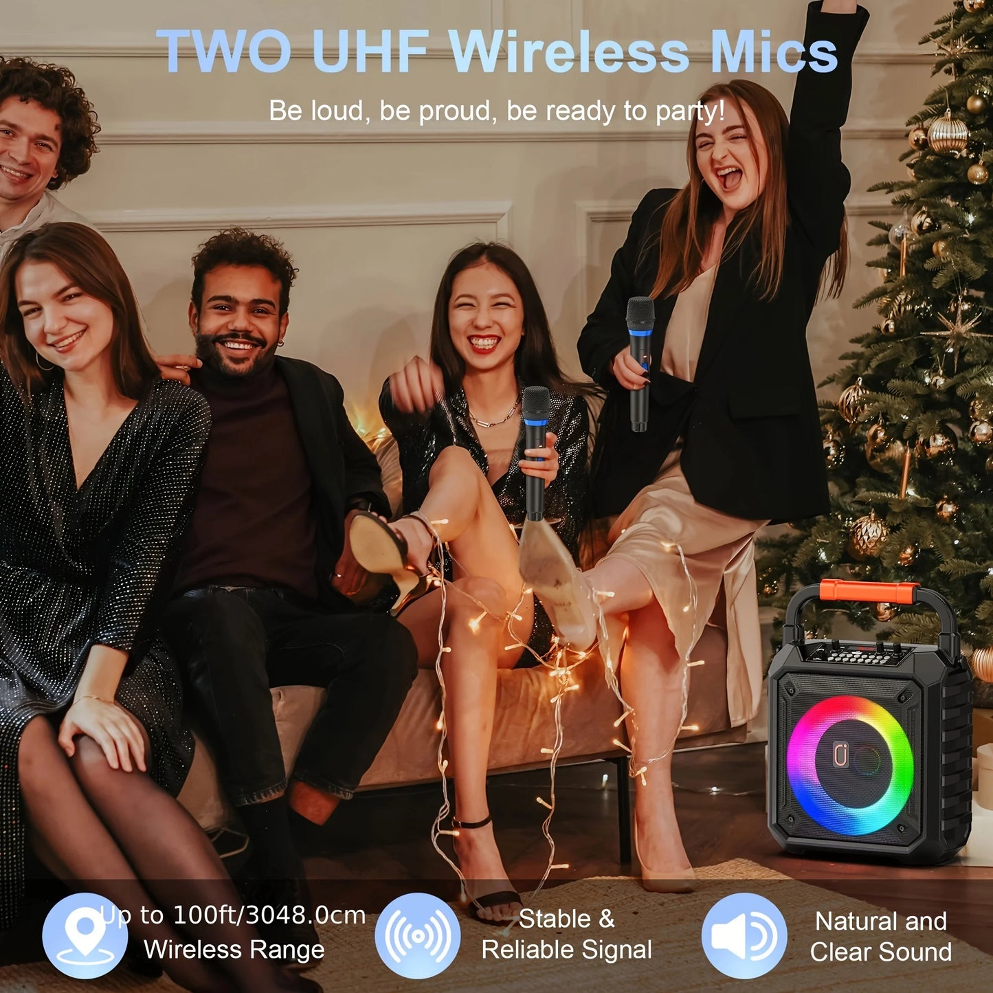 Altavoz karaoke portátil con 2 micrófonos inalámbricos y luces LED