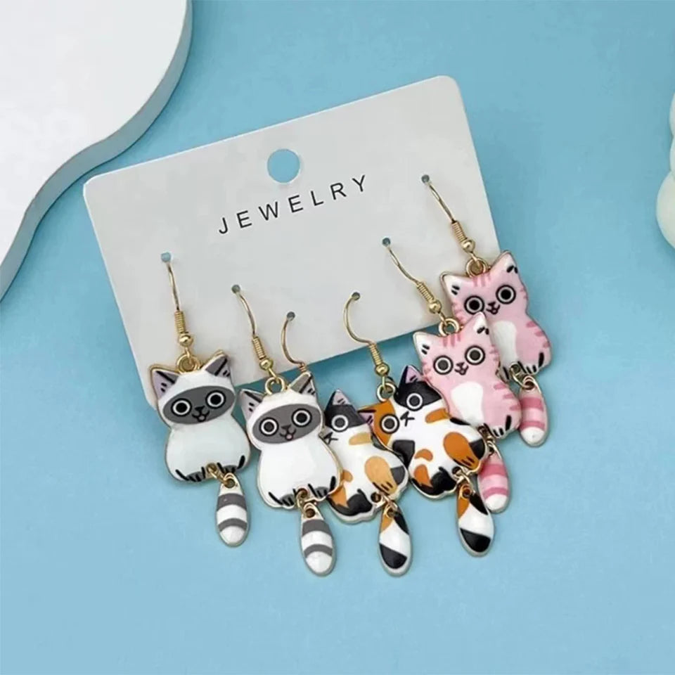 Pendientes colgantes de gato esmaltado con cola