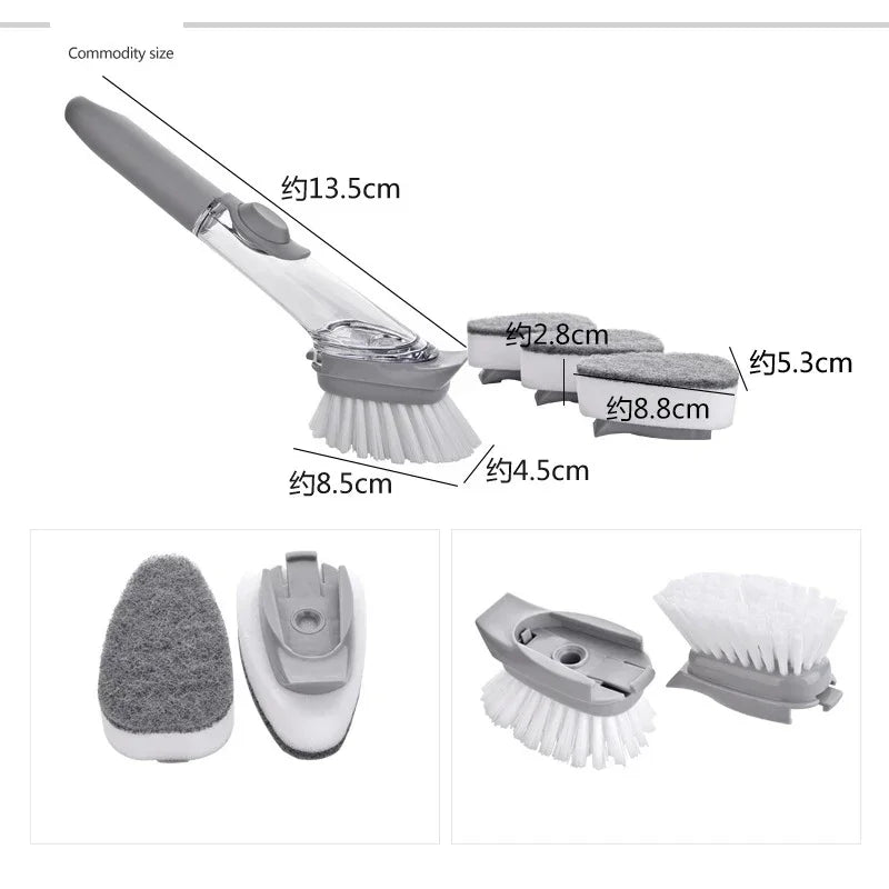 Cepillo de cocina 2 en 1 con dispensador y esponja desmontable