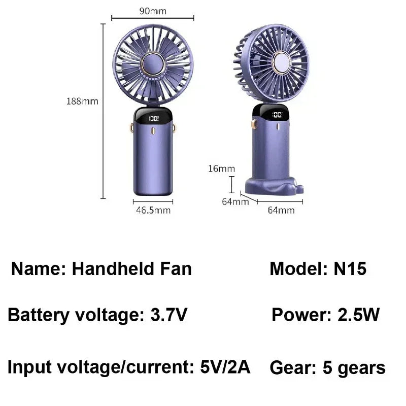 Mini ventilador portátil recargable con pantalla LED y 5 velocidades