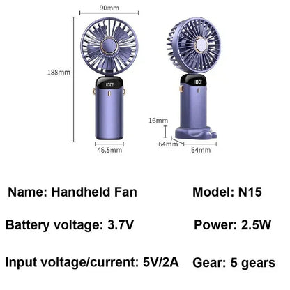 Mini ventilador portátil recargable con pantalla LED y 5 velocidades