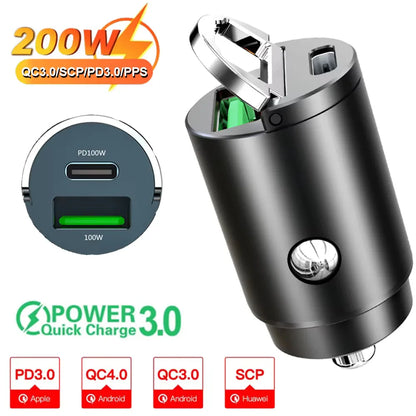 Cargador rápido de coche USB-C 200W con anilla