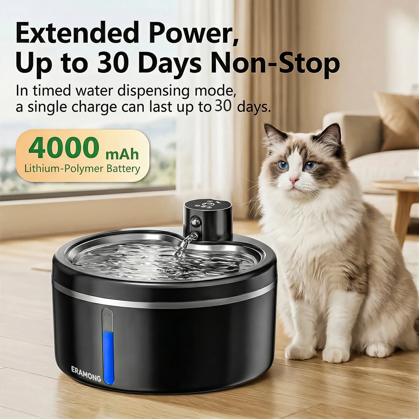 Fuente de agua inalámbrica para gatos de acero inoxidable – 2,5 L con sensor de movimiento y 2 filtros