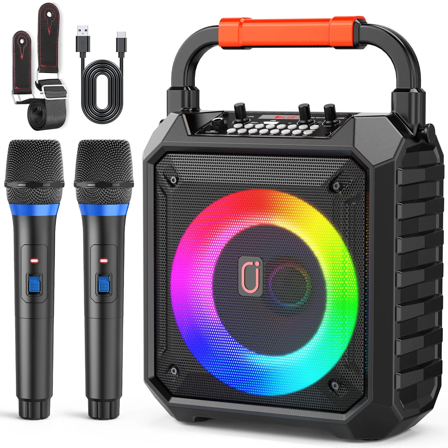 Altavoz karaoke portátil con 2 micrófonos inalámbricos y luces LED