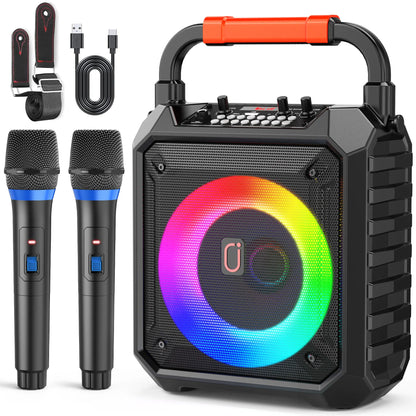 Altavoz karaoke portátil con 2 micrófonos inalámbricos y luces LED