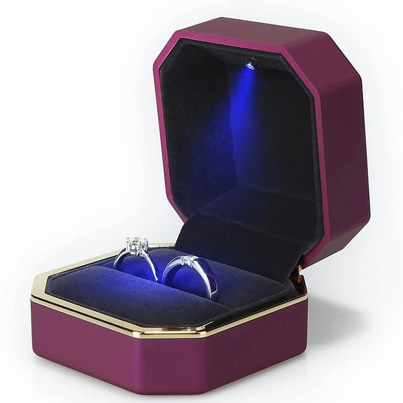 Caja de joyería con luz LED para anillos, collares y regalos