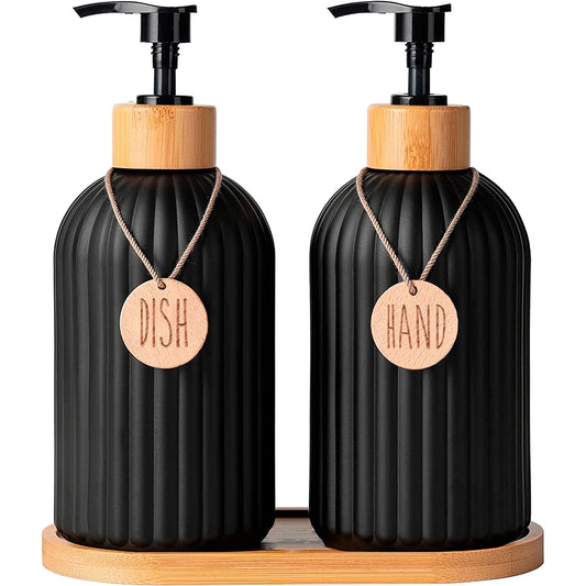 Set de dispensadores negros para jabón de manos y lavavajillas