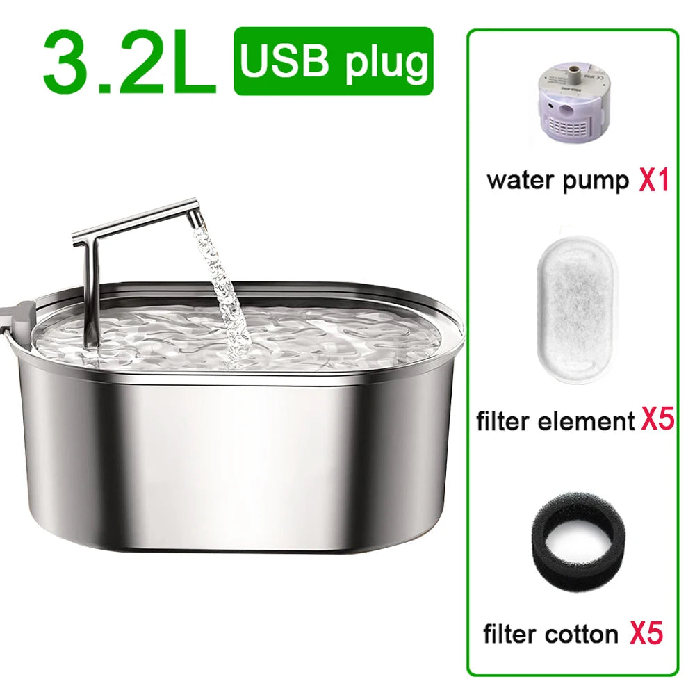 Fuente de agua para gatos de acero inoxidable – 3,2 L con bomba ultrasilenciosa