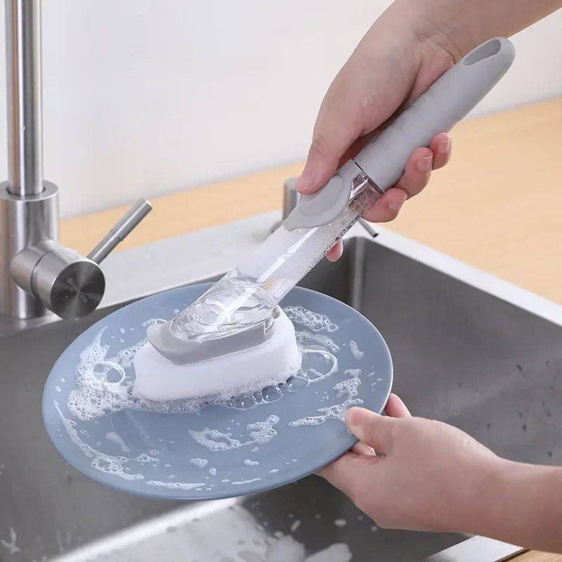 Cepillo de cocina 2 en 1 con dispensador y esponja desmontable