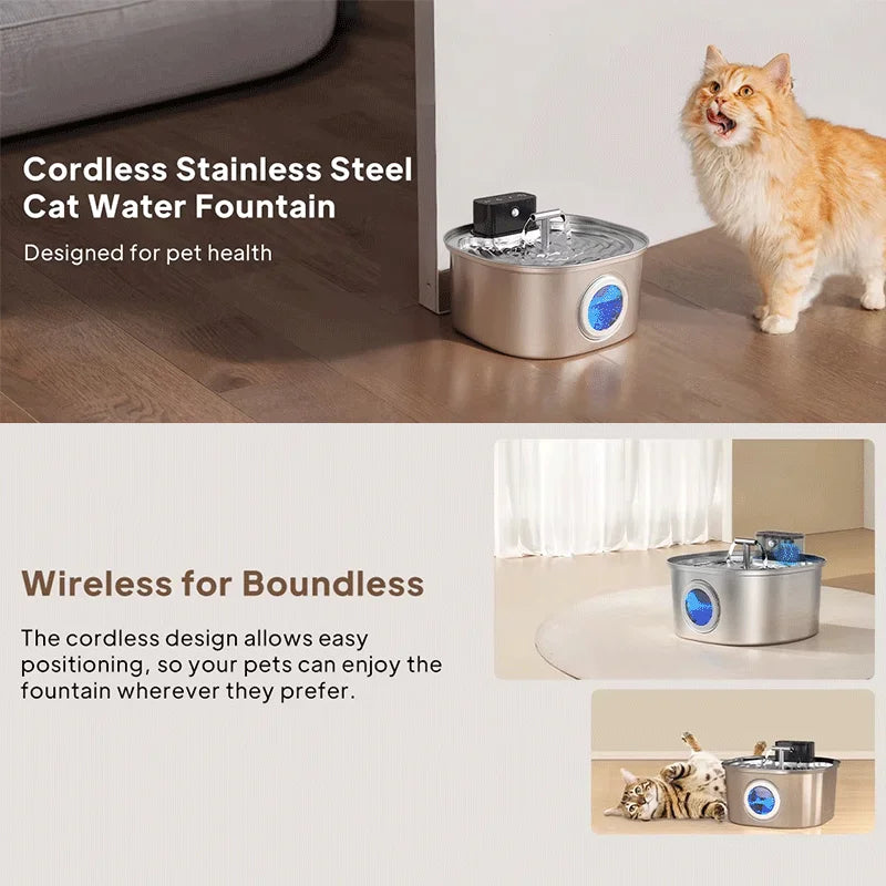 Voford 3.2L Stainless Steel Cat Water Fountain With 4000mAH Battery 3 Modes Dual Outlet Wireless Automatic Pet Drinking Fountain