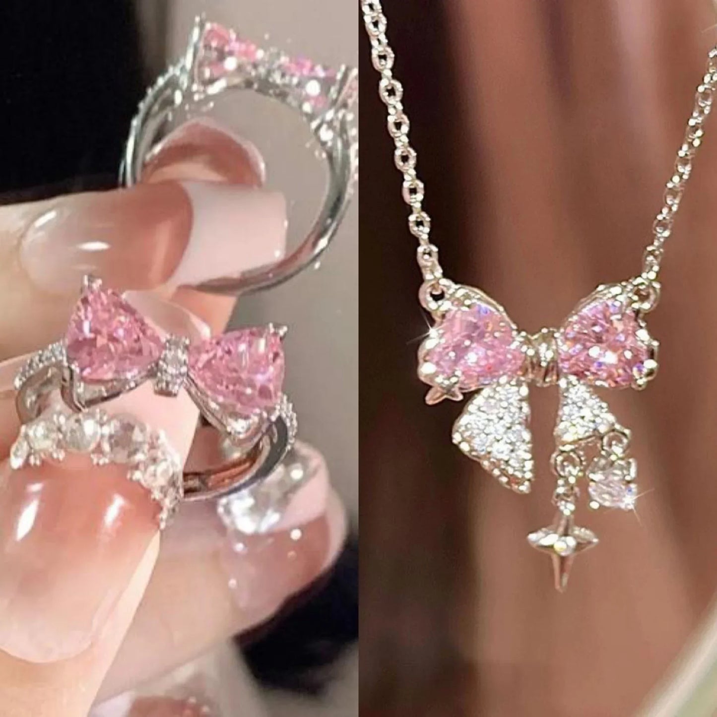 Collar Y2K con lazo rosa, corazón y cristales