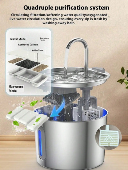 Fuente de agua para gatos de acero inoxidable – 2,2 L / 74 oz con luz LED azul